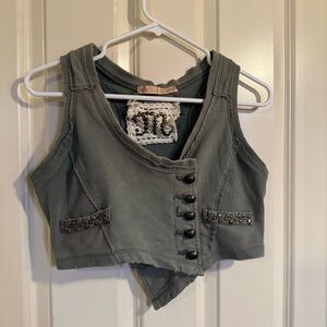 Miss Me Gray Knit Vest with Brass Button Detail